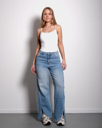 STRETCHY SPLIT BOTTOM MEDIUM WASH WIDE LEG JEANS - INSEAM 74CM | SEISHIKI STUDIO