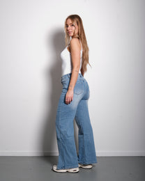 STRETCHY SPLIT BOTTOM MEDIUM WASH WIDE LEG JEANS - INSEAM 74CM | SEISHIKI STUDIO