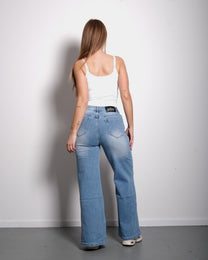 STRETCHY SPLIT BOTTOM MEDIUM WASH WIDE LEG JEANS - INSEAM 74CM | SEISHIKI STUDIO