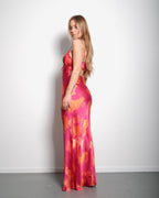 ROBE LONGUE FLORALE SOYEUSE ROSE VIF