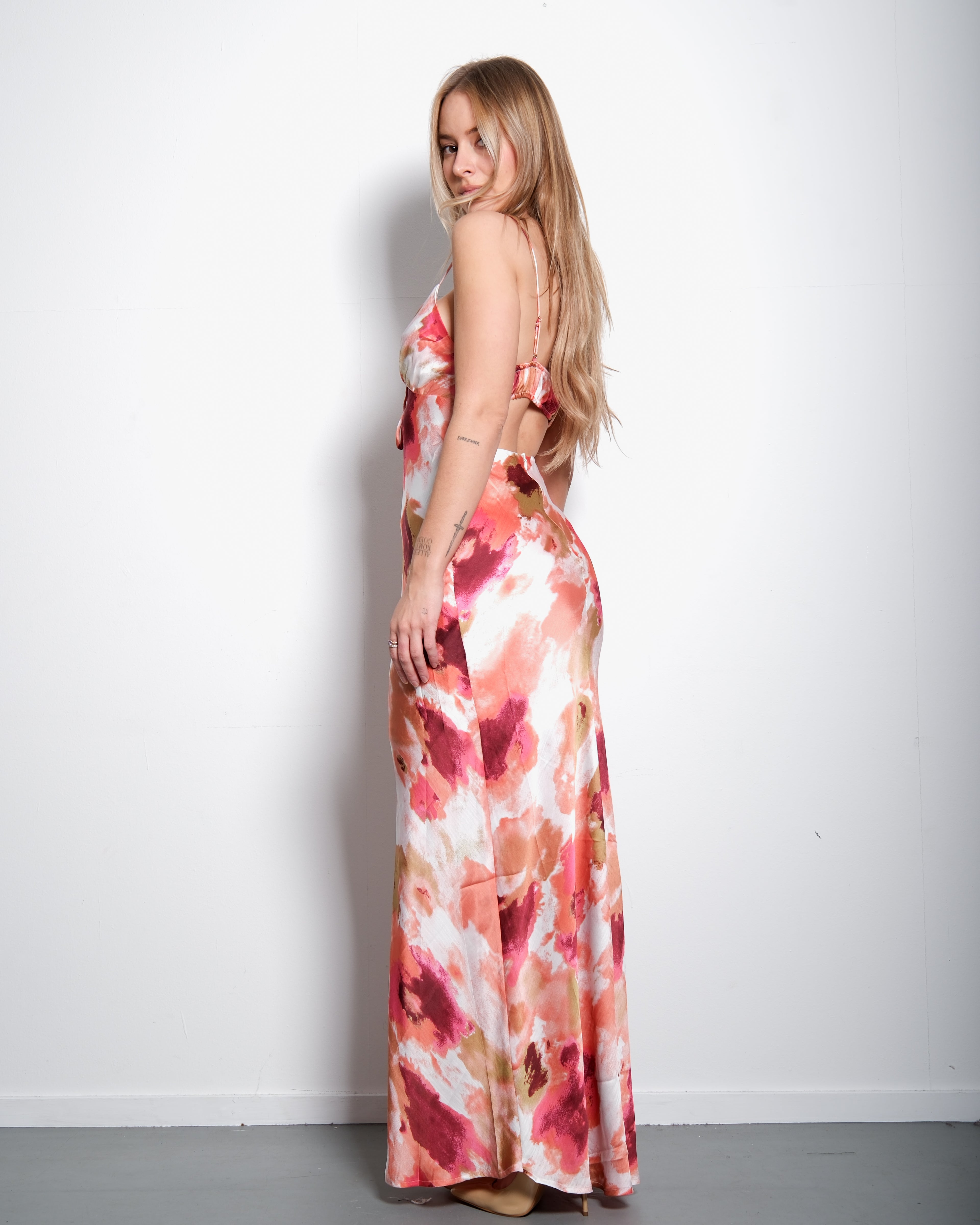 SILKY LONG FLORAL DRESS PASTEL PINK