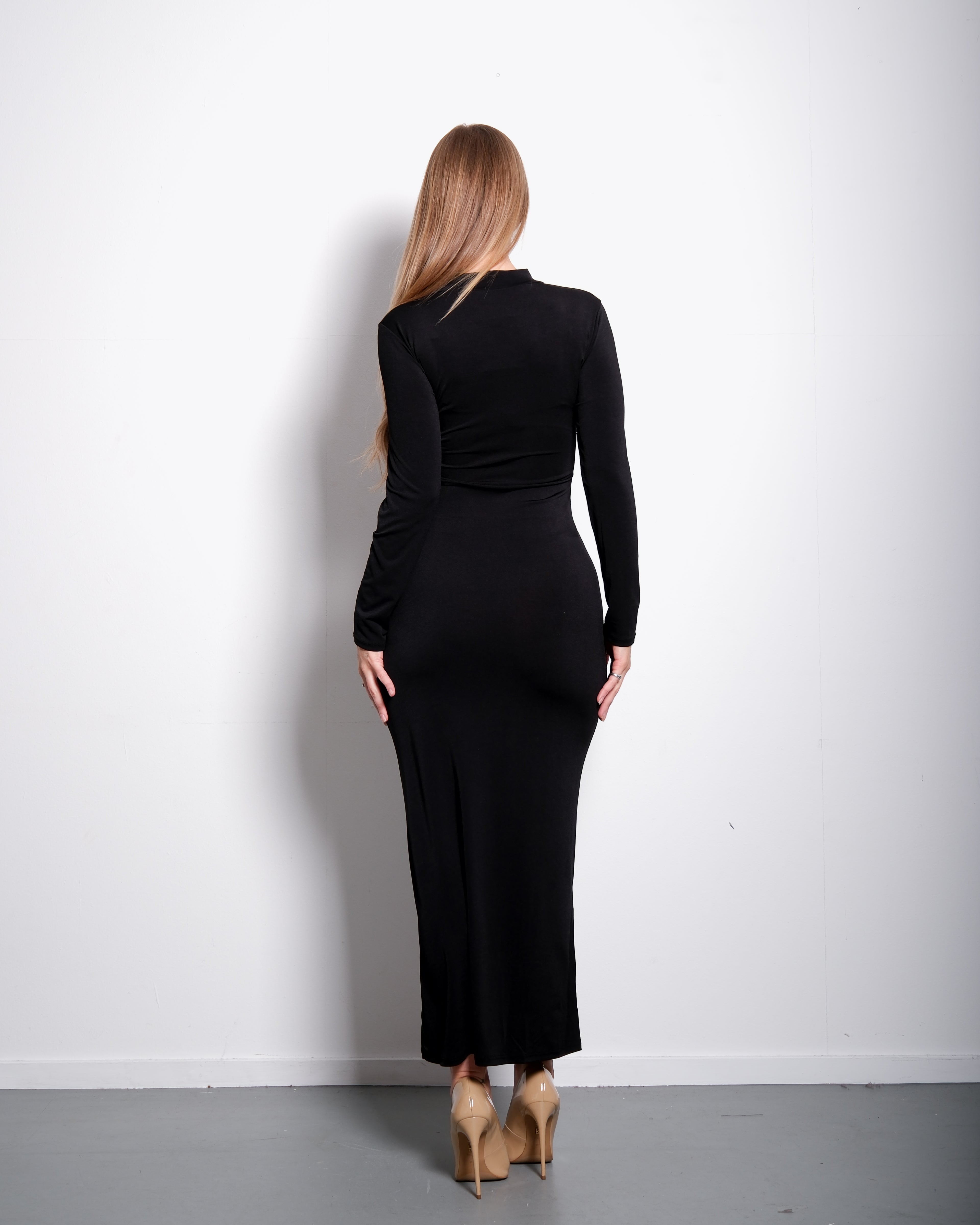 Black Sculpting Long-Sleeve Draped Waist Dress | Contour Fit – SEISHIKI STUDIO