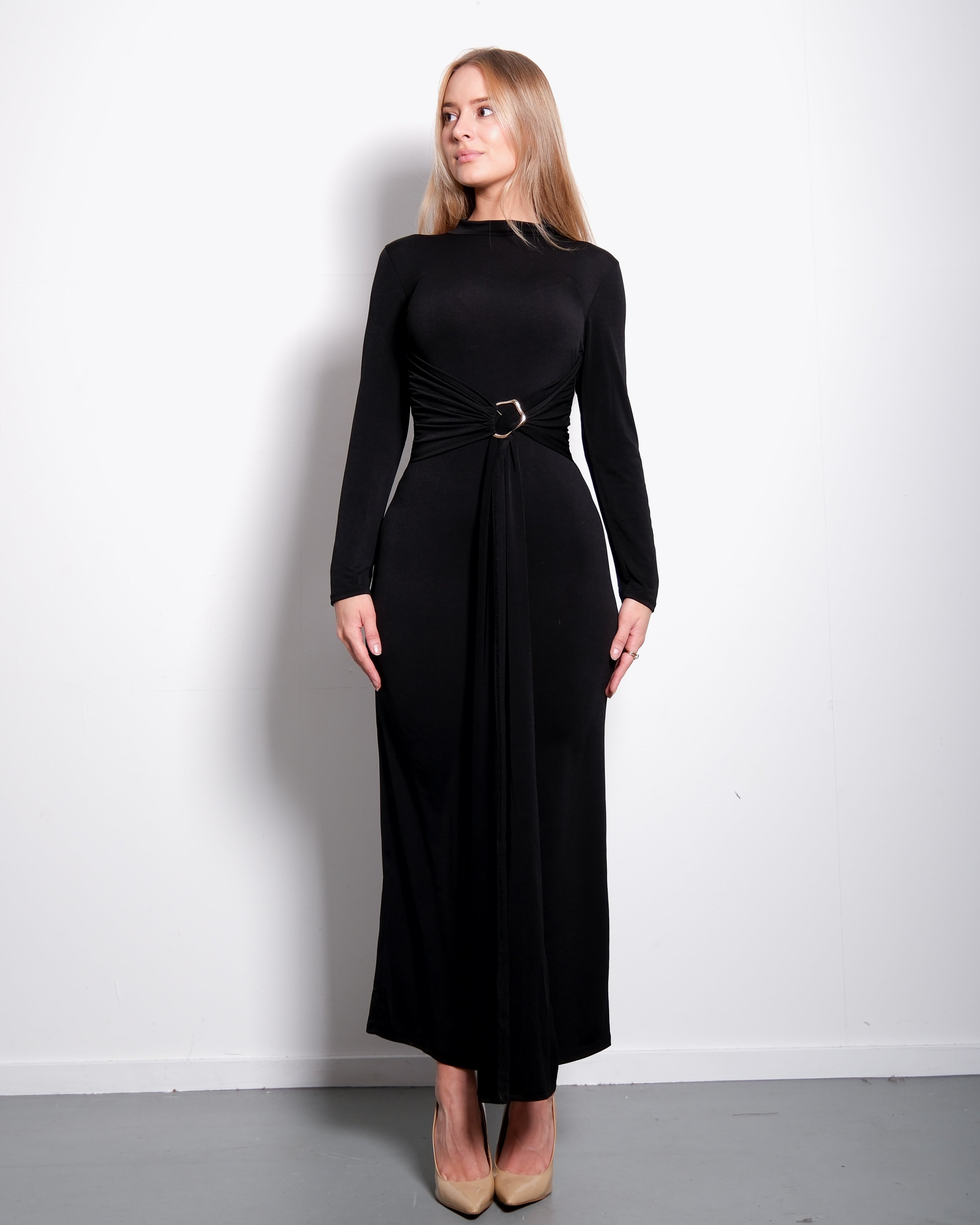 Black Sculpting Long-Sleeve Draped Waist Dress | Contour Fit – SEISHIKI STUDIO