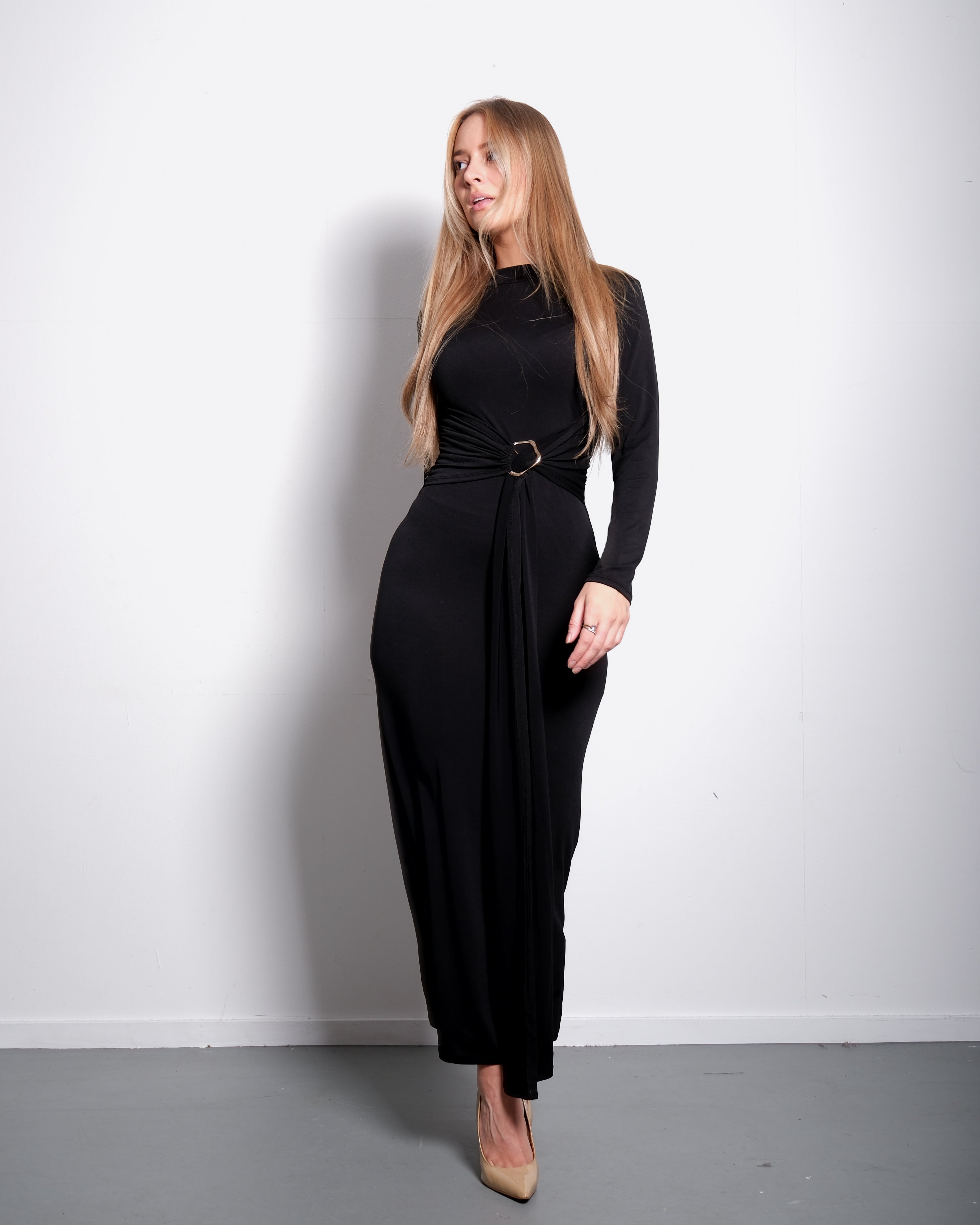 Black Sculpting Long-Sleeve Draped Waist Dress | Contour Fit – SEISHIKI STUDIO