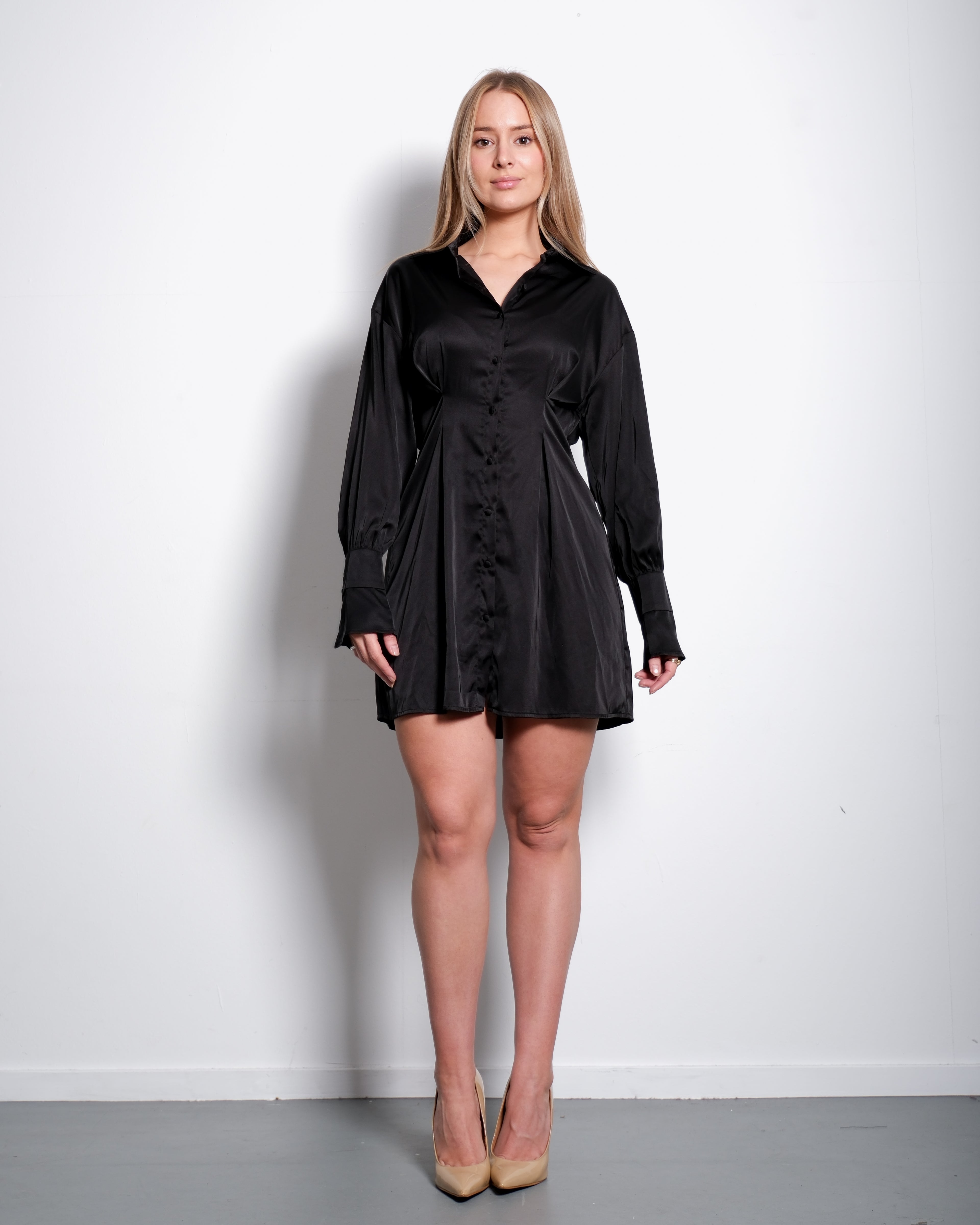 Black Silky Cinched Waist Mini Dress | Puff Sleeve Blouse Dress – SEISHIKI STUDIO