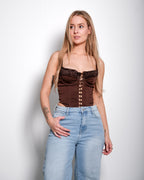 Braunes, elastisches Korsett-Crop-Top mit Spitzenfront | Figurformende Passform – SEISHIKI STUDIO