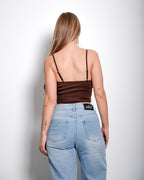 Braunes, elastisches Korsett-Crop-Top mit Spitzenfront | Figurformende Passform – SEISHIKI STUDIO