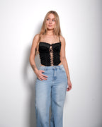 Schwarzes, elastisches Korsett-Crop-Top mit Spitzenfront | Figurformende Passform – SEISHIKI STUDIO