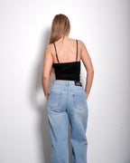 Schwarzes, elastisches Korsett-Crop-Top mit Spitzenfront | Figurformende Passform – SEISHIKI STUDIO