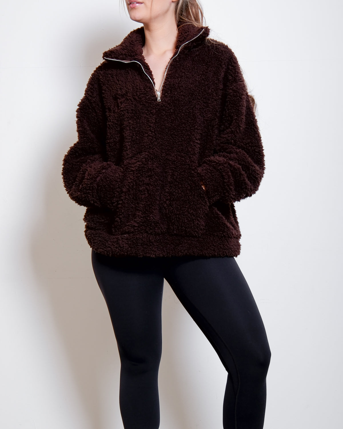 Brown Oversized Teddy Quarter Zip Sweater – Fluffy Cozy Pullover | Seishiki Studio
