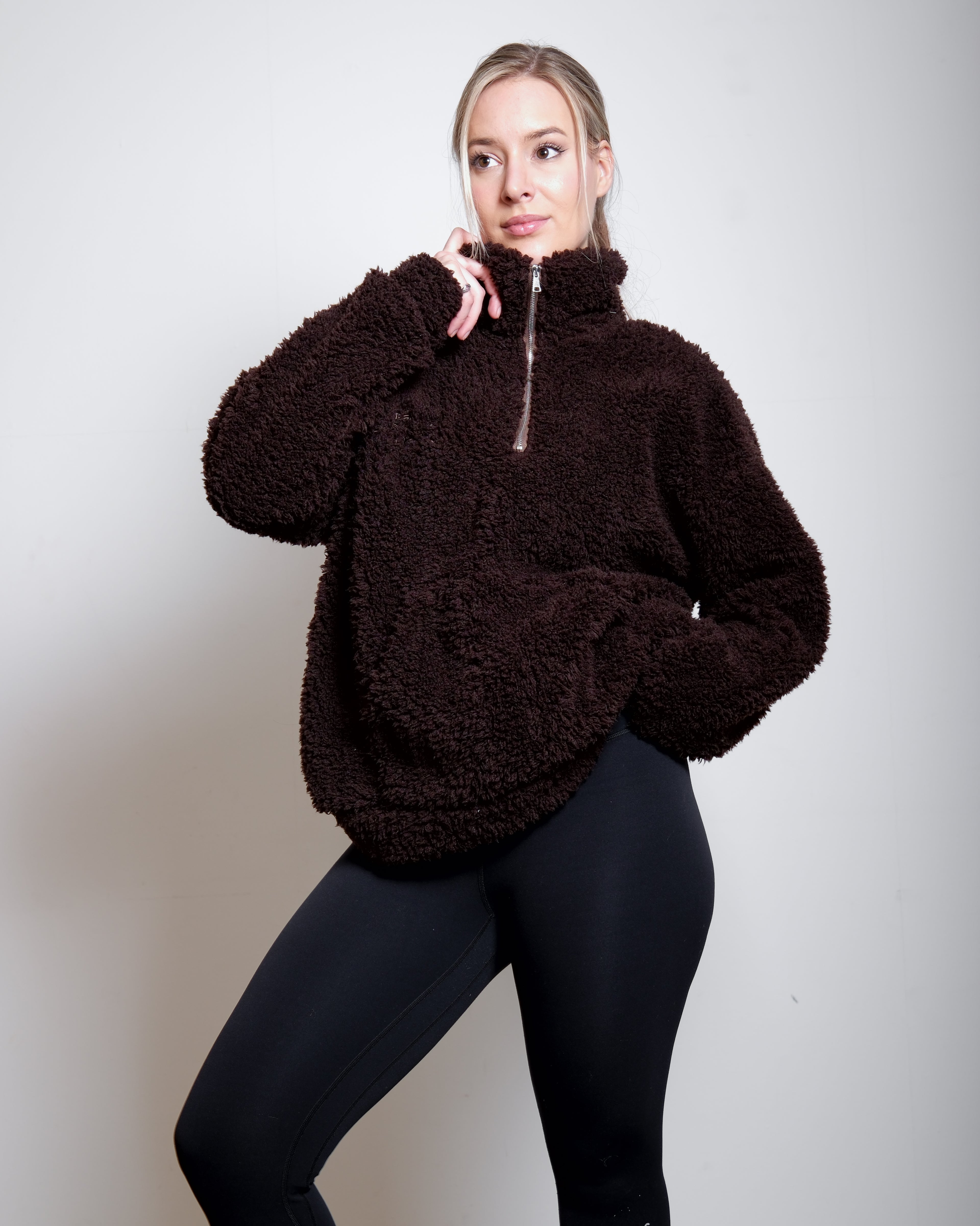 Brown Oversized Teddy Quarter Zip Sweater – Fluffy Cozy Pullover | Seishiki Studio
