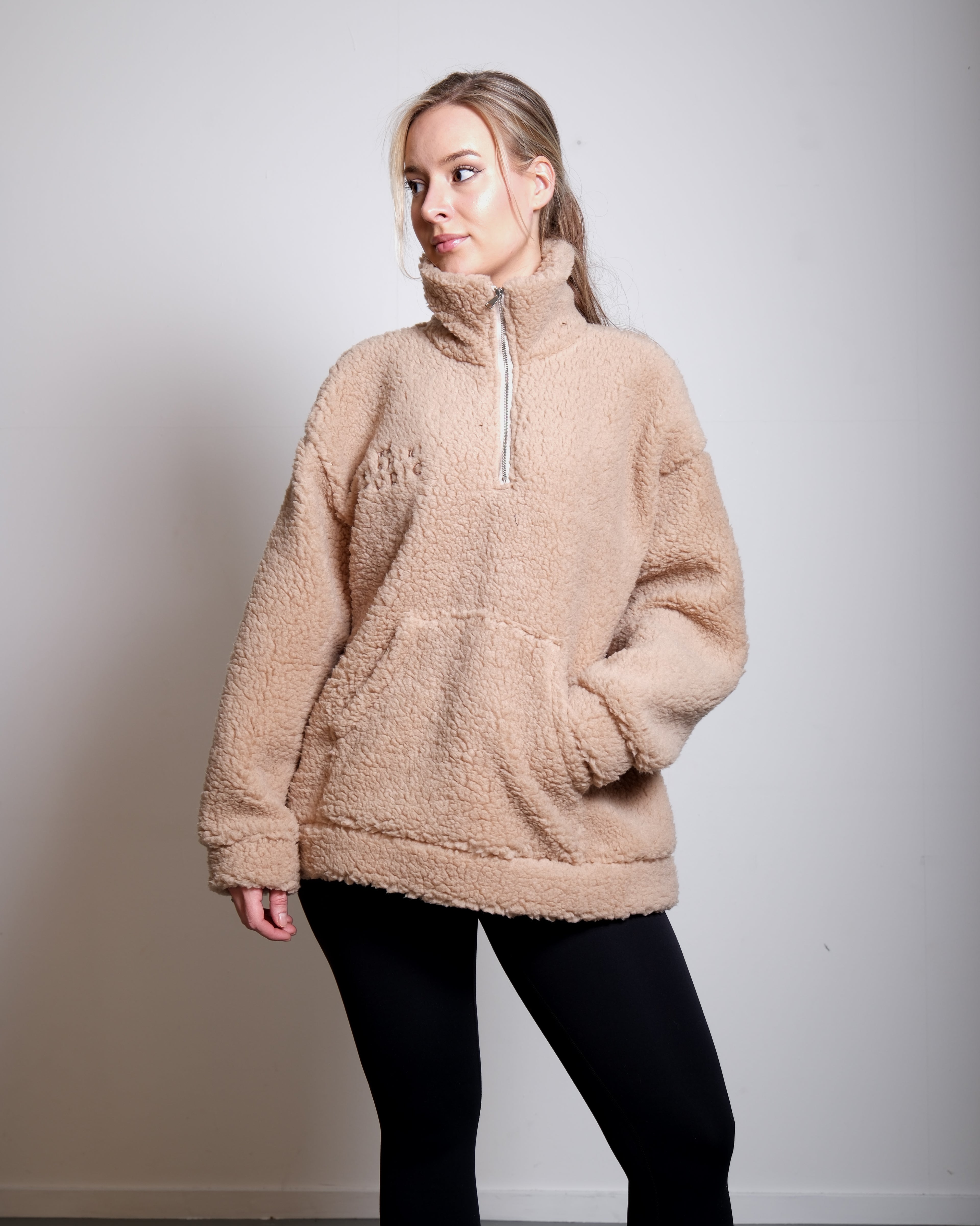 Beige Oversized Teddy Quarter Zip Sweater – Fluffy Cozy Pullover | Seishiki Studio