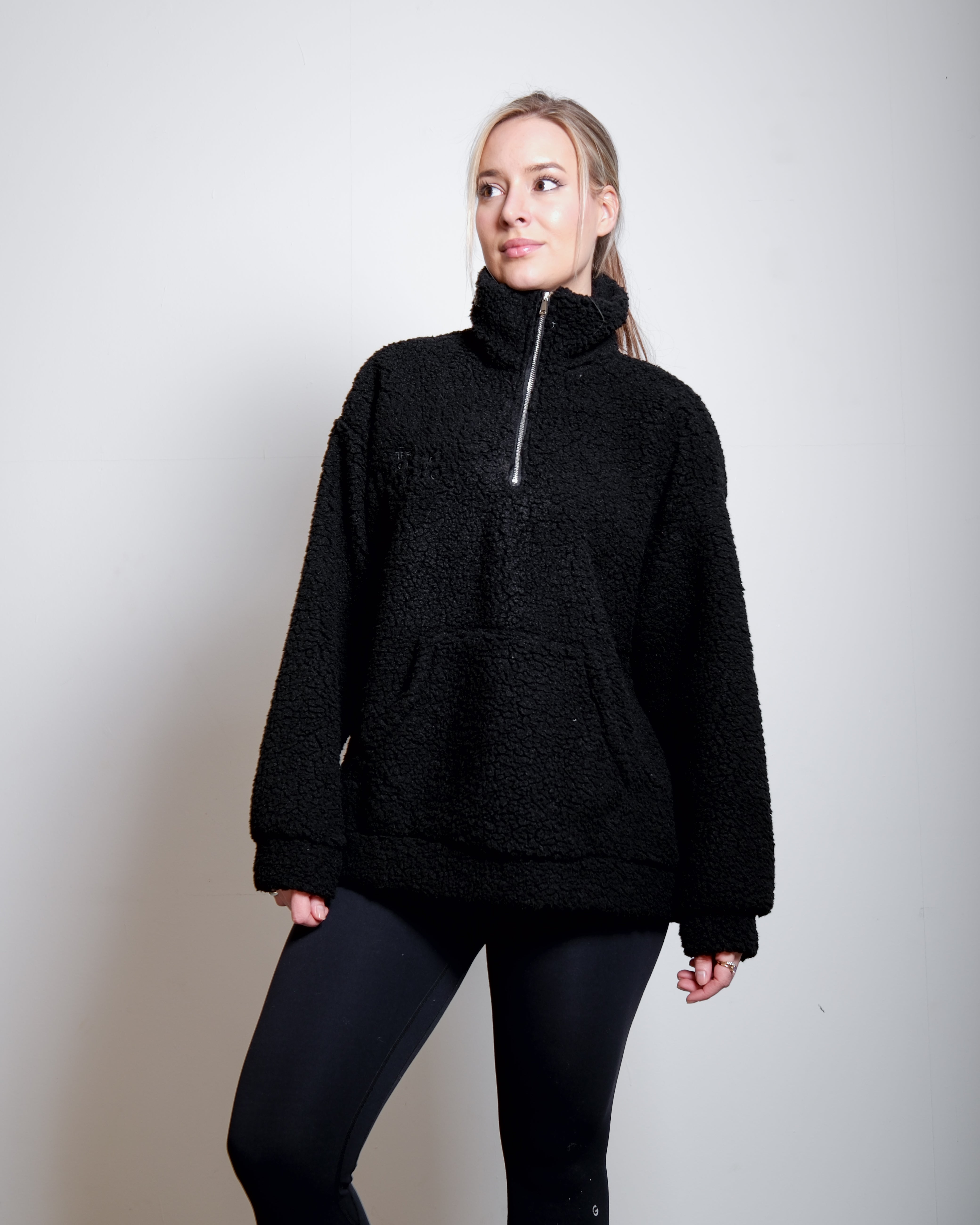 Black Oversized Teddy Quarter Zip Sweater – Fluffy Cozy Pullover