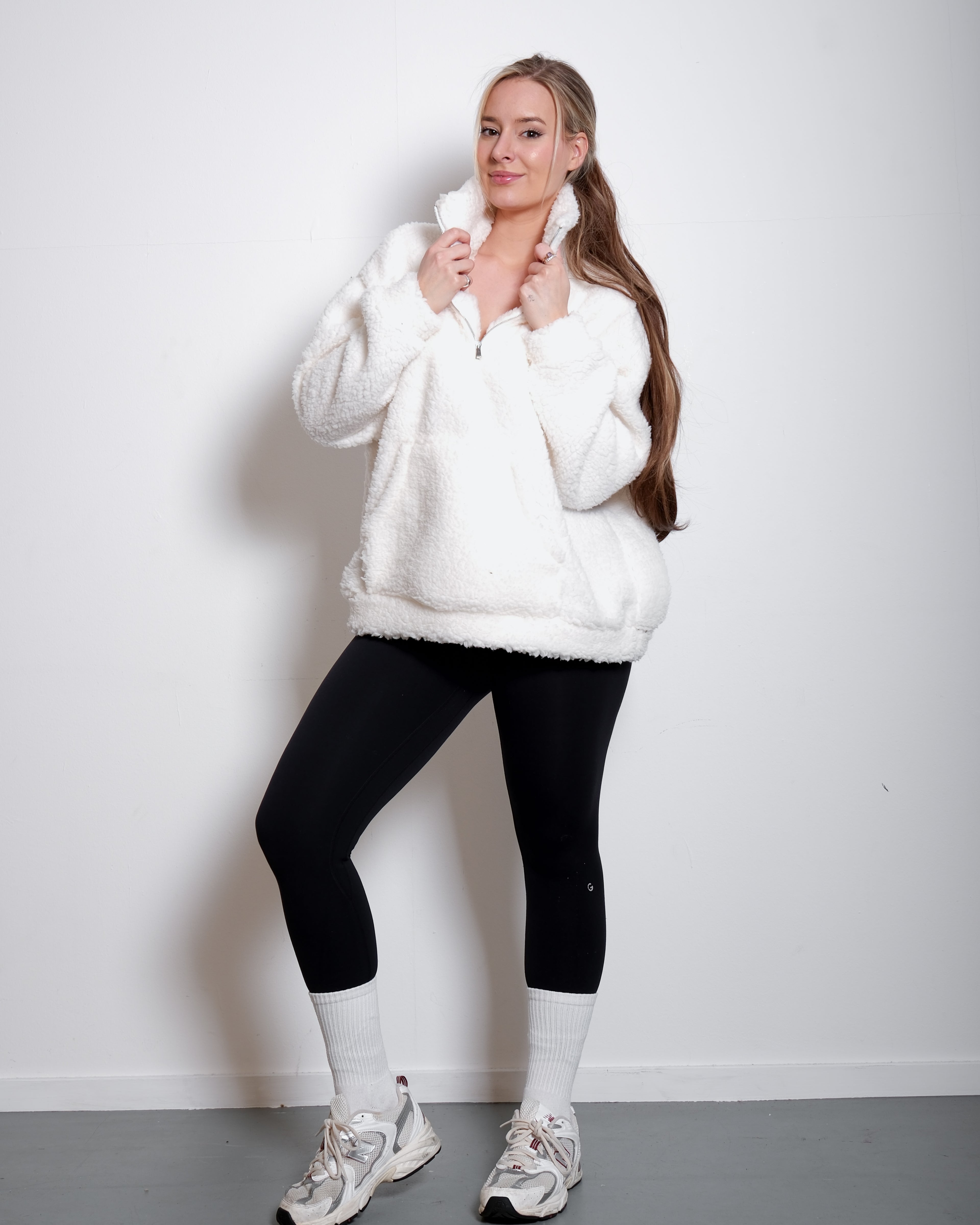 White Oversized Teddy Quarter Zip Sweater – Fluffy Cozy Pullover | Seishiki Studio