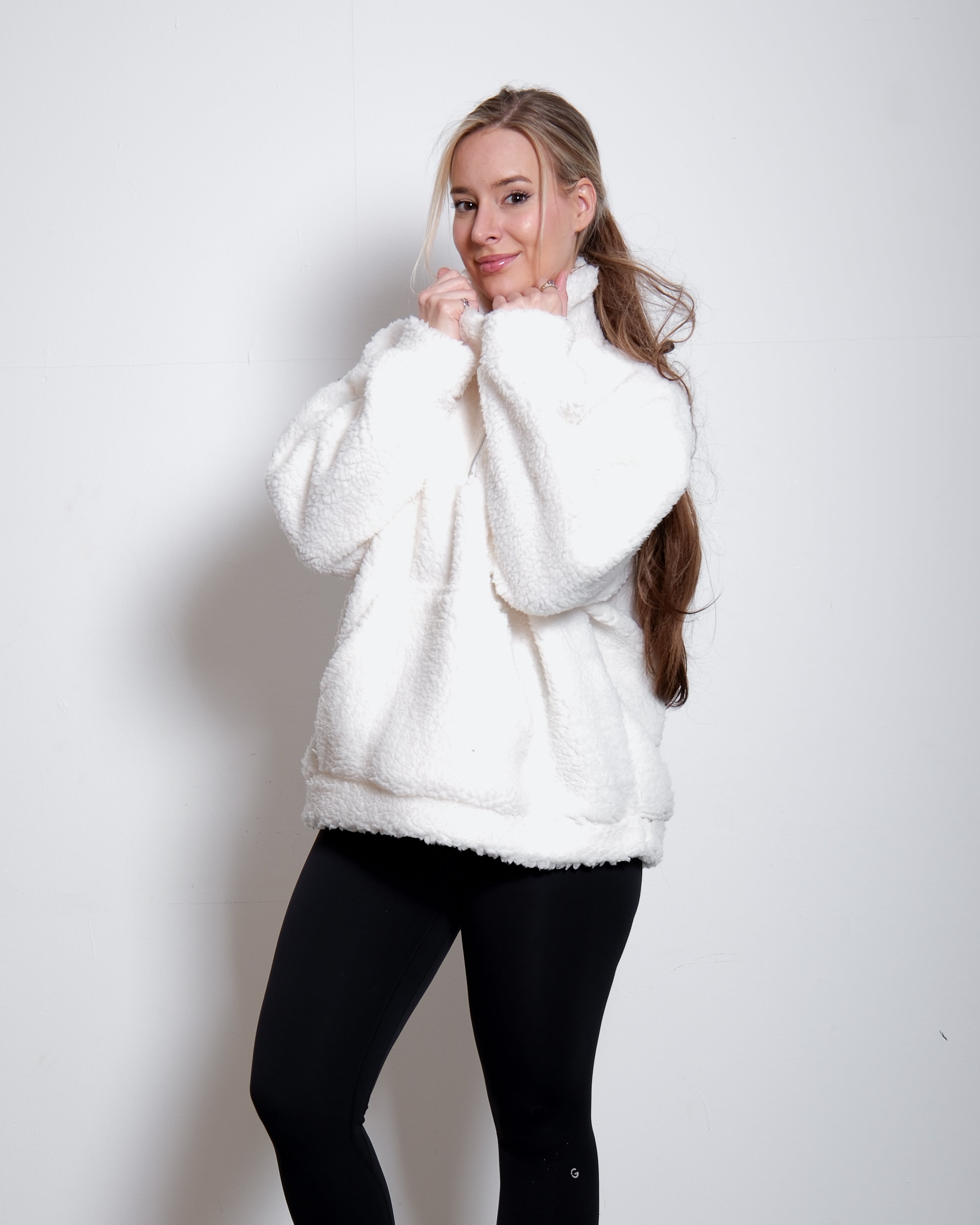 White Oversized Teddy Quarter Zip Sweater – Fluffy Cozy Pullover | Seishiki Studio