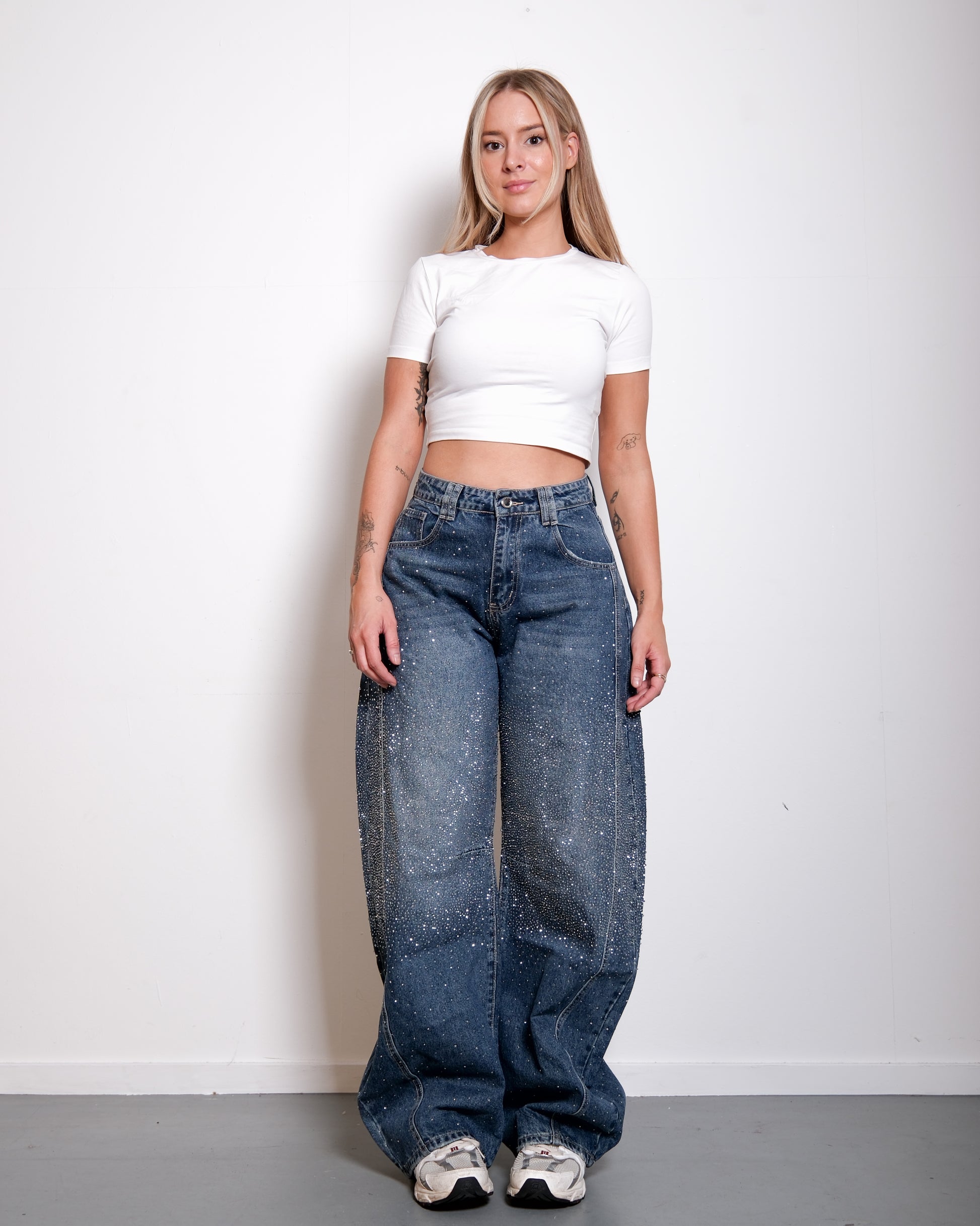 INSEAM 82CM - NON STRETCH - Medium Wash Front seam sparkle barrel jeans | SEISHIKI STUDIO