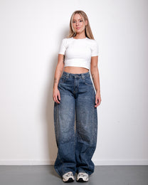 INSEAM 82CM - NON STRETCH - Medium Wash Front seam sparkle barrel jeans | SEISHIKI STUDIO