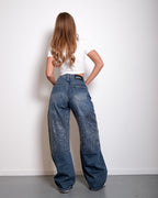 Medium Wash Front seam sparkle barrel jeans - inseam 82cm - NON STRETCH