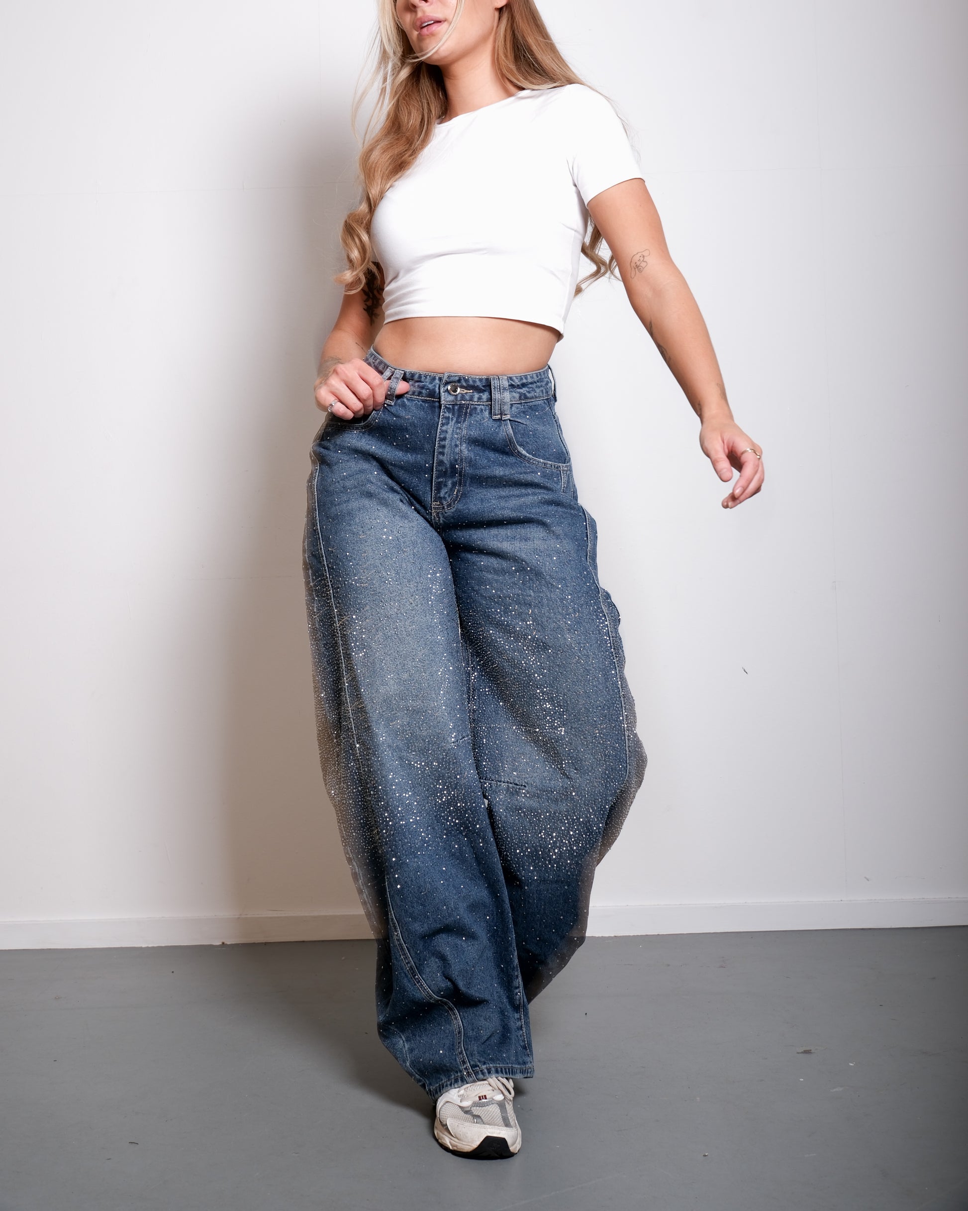 INSEAM 82CM - NON STRETCH - Medium Wash Front seam sparkle barrel jeans | SEISHIKI STUDIO
