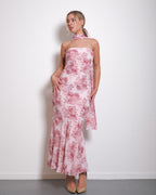 SEISHIKI STUDIO Floral Strapless Chiffon Dress with Scarf Pink