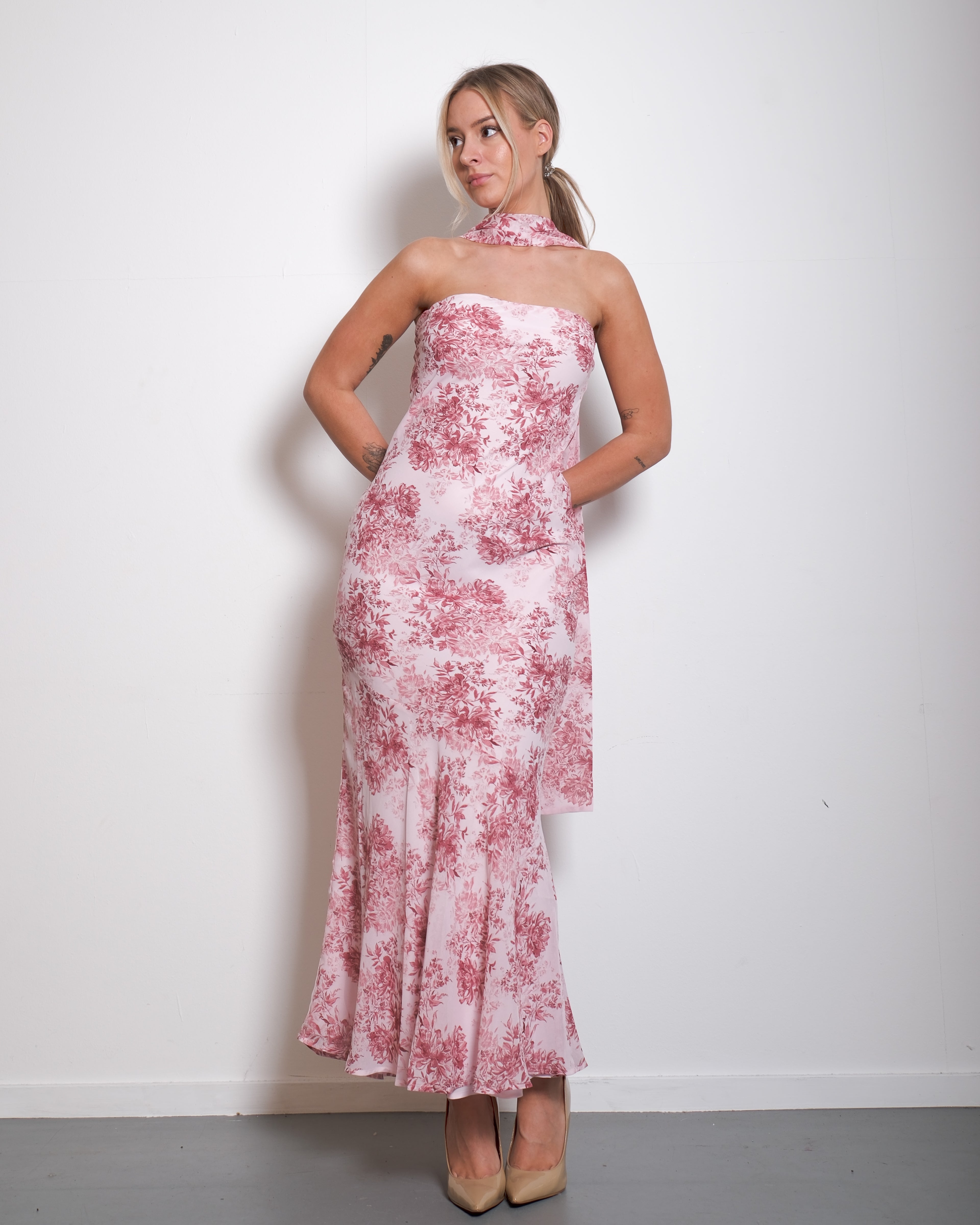 SEISHIKI STUDIO Floral Strapless Chiffon Dress with Scarf Pink