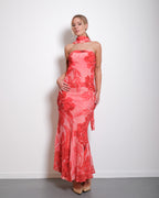 SEISHIKI STUDIO Floral Strapless Chiffon Dress with Scarf Orange