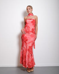 Floral Strapless Chiffon Dress with Scarf Orange – SEISHIKI STUDIO