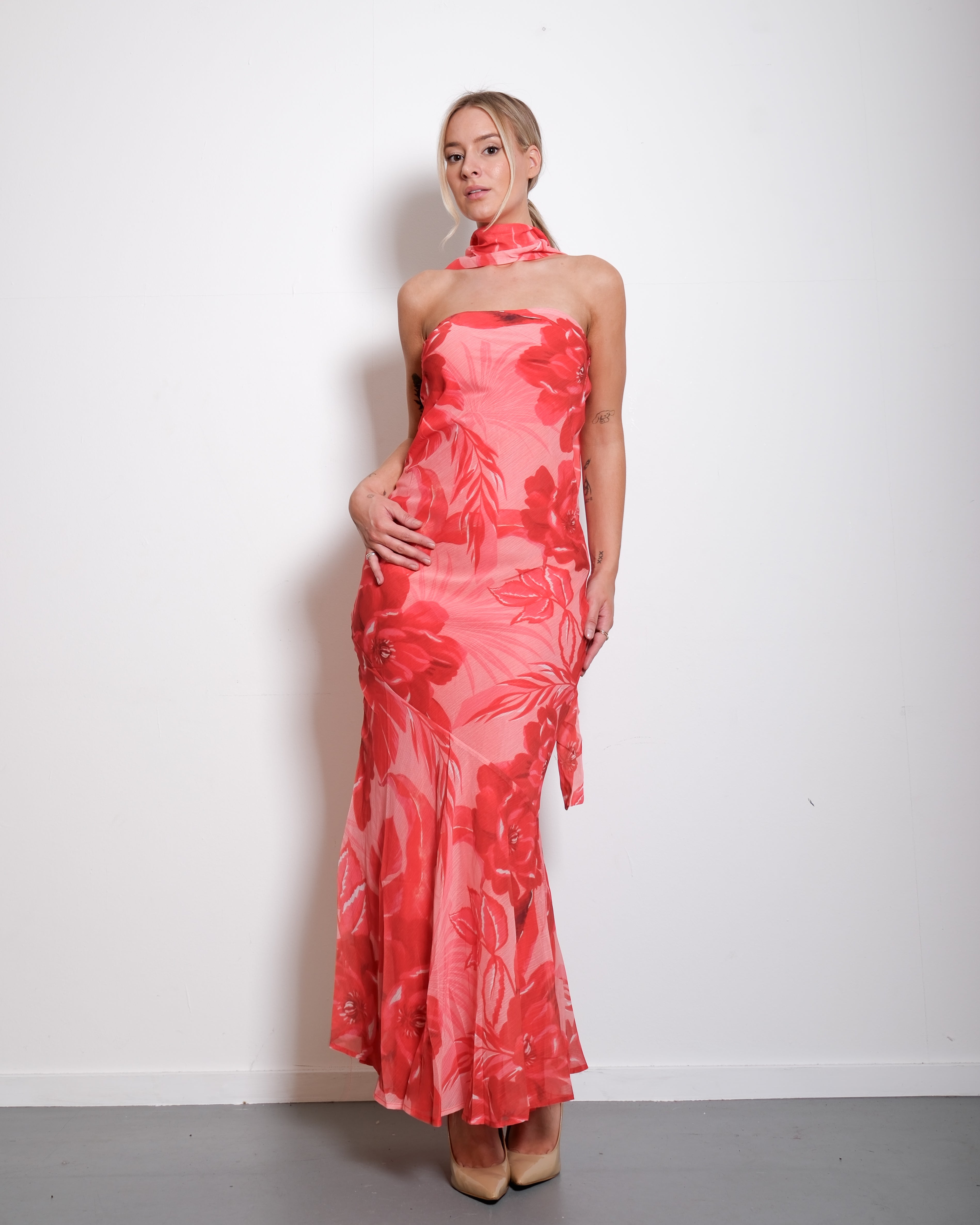 SEISHIKI STUDIO Floral Strapless Chiffon Dress with Scarf Orange