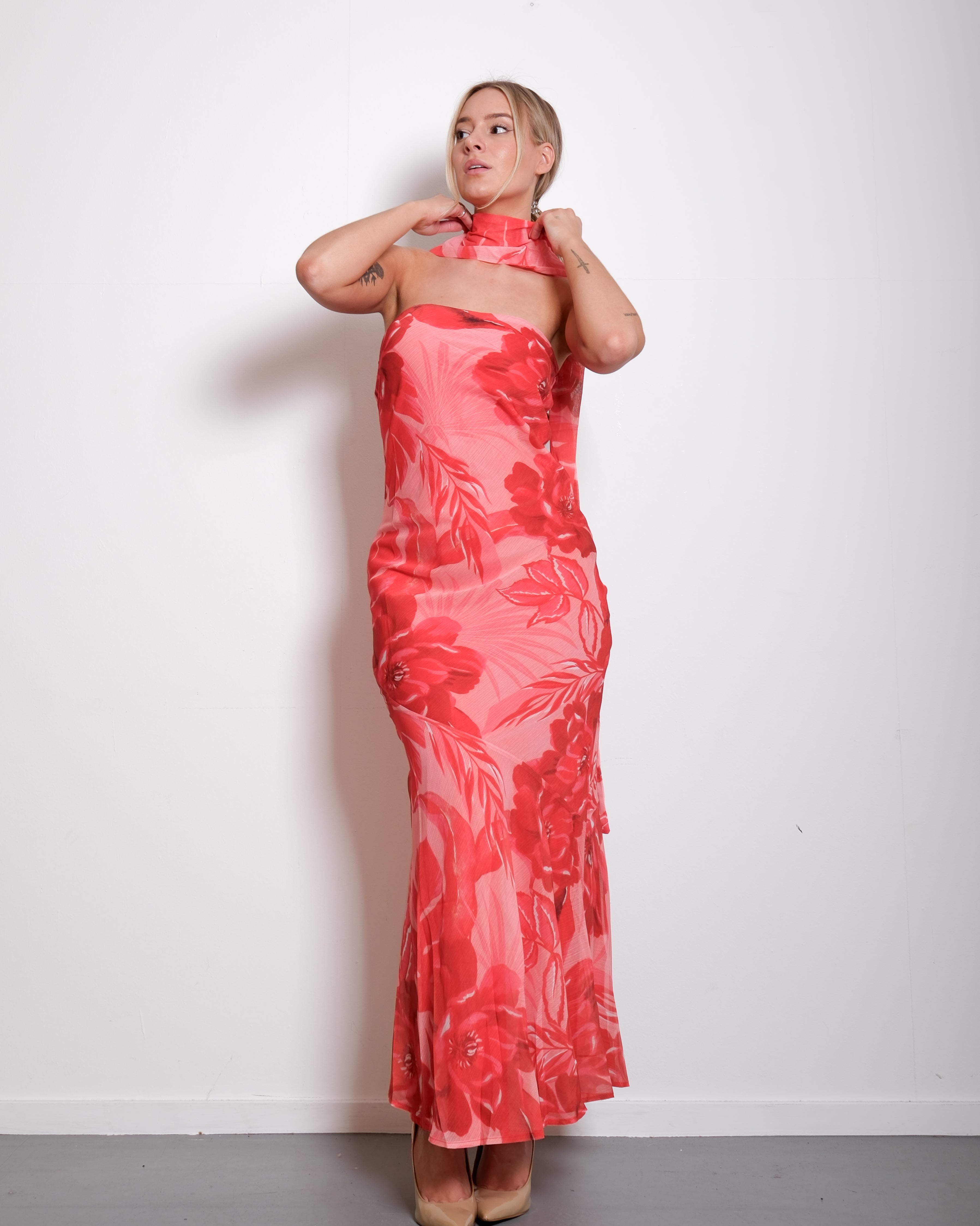 SEISHIKI STUDIO Floral Strapless Chiffon Dress with Scarf Orange