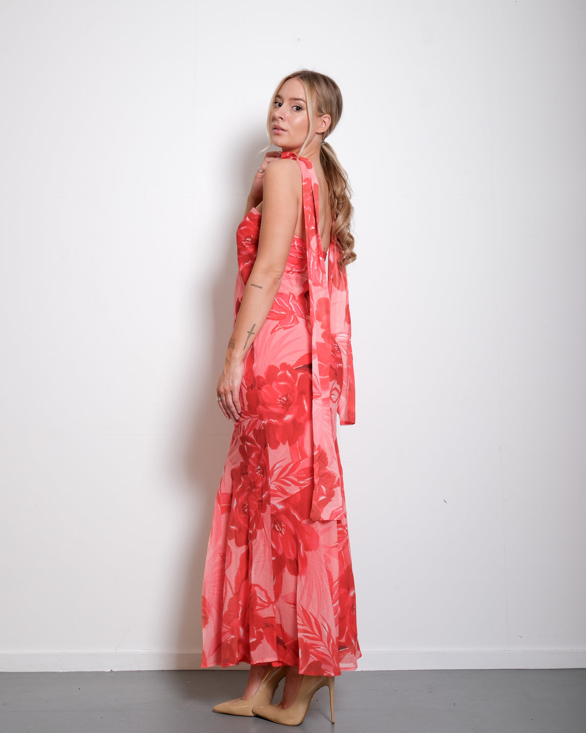 Floral Strapless Chiffon Dress with Scarf Orange – SEISHIKI STUDIO