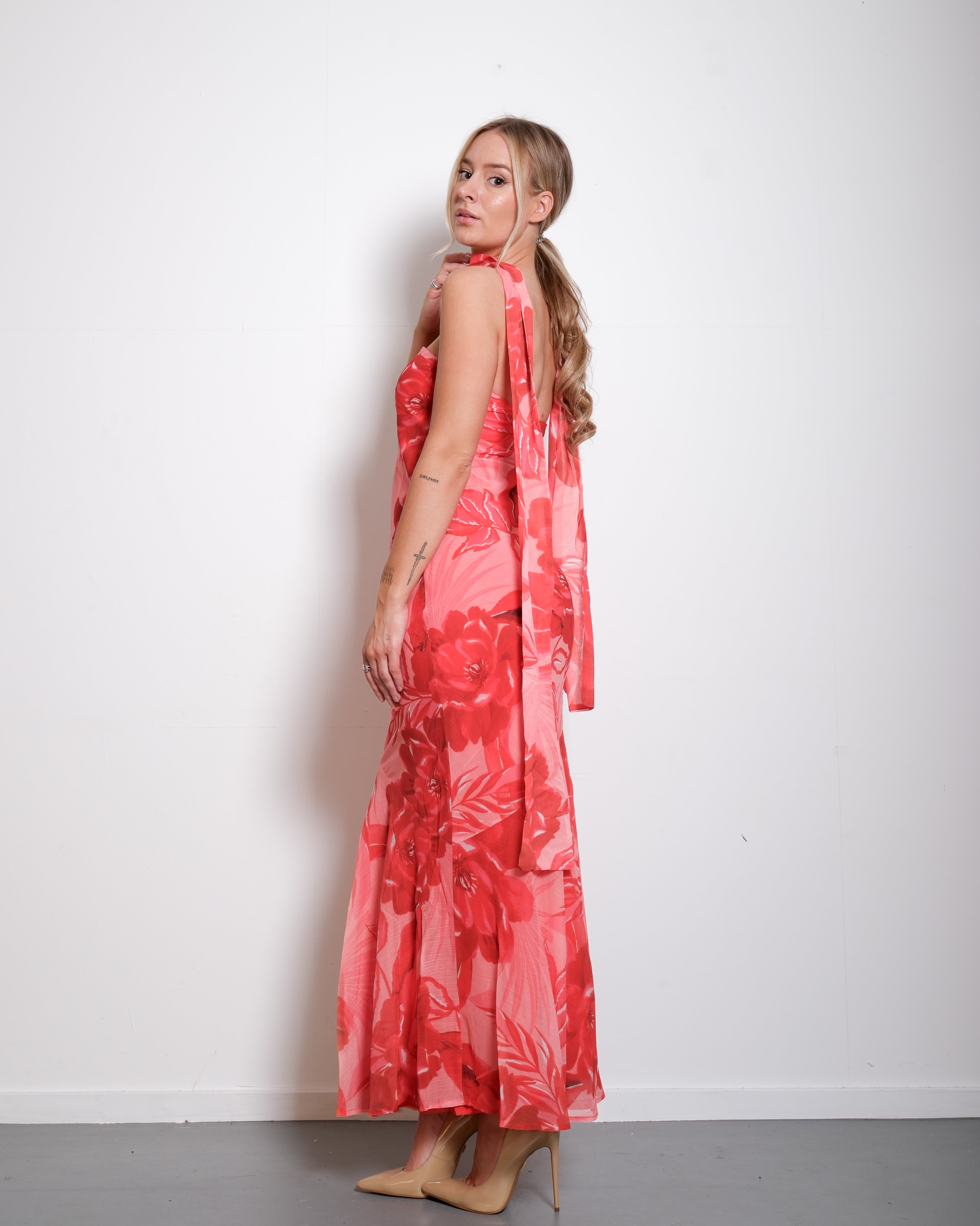 SEISHIKI STUDIO Floral Strapless Chiffon Dress with Scarf Orange