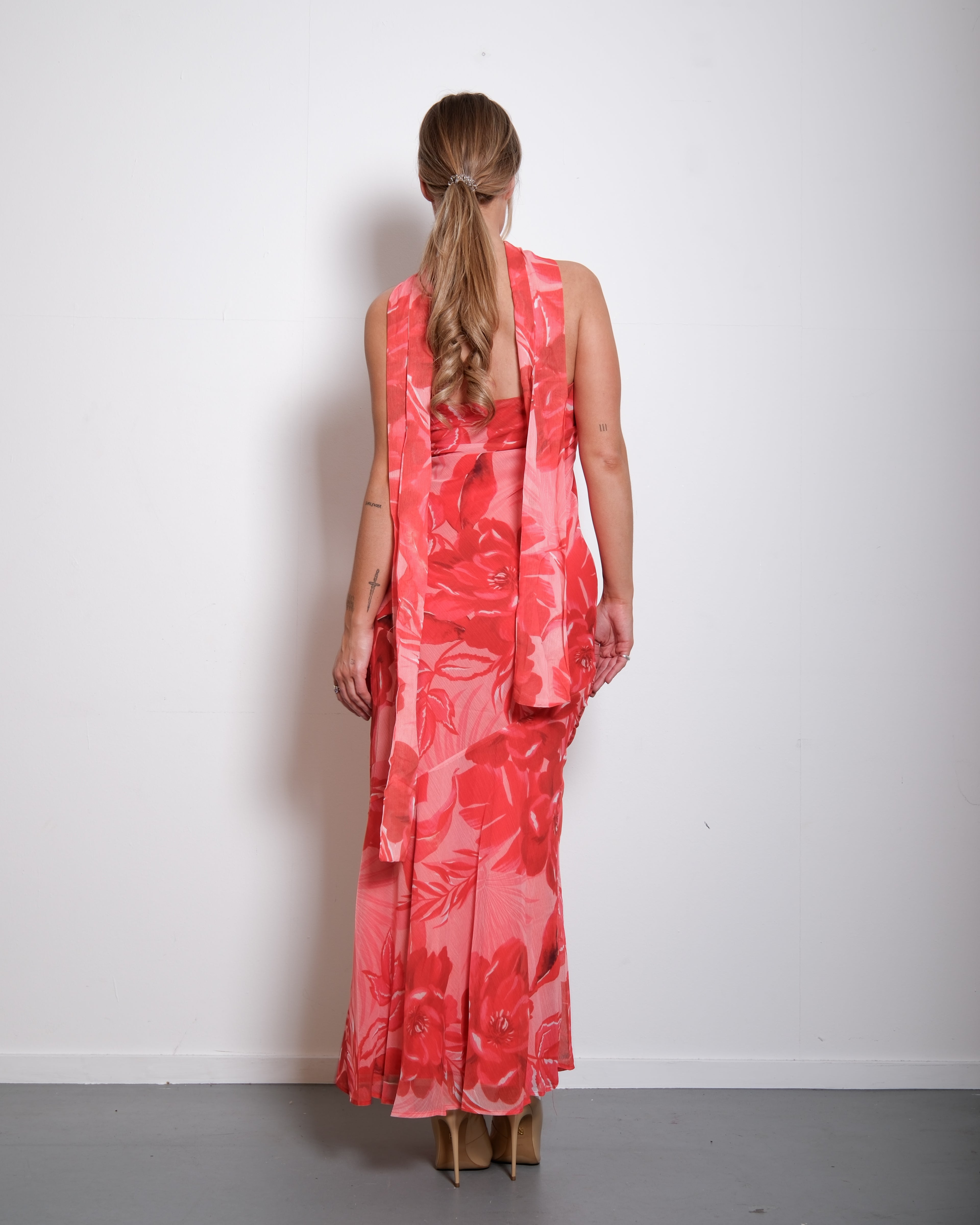 SEISHIKI STUDIO Floral Strapless Chiffon Dress with Scarf Orange