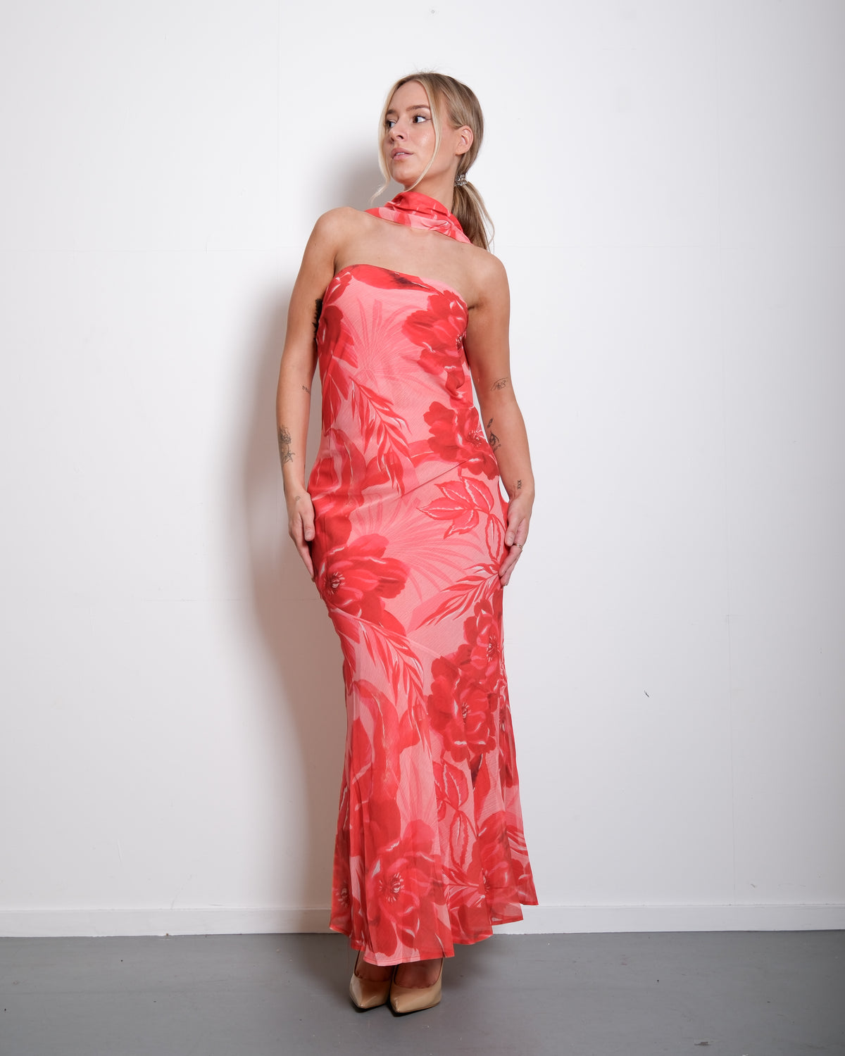 Floral Strapless Chiffon Dress with Scarf Orange – SEISHIKI STUDIO