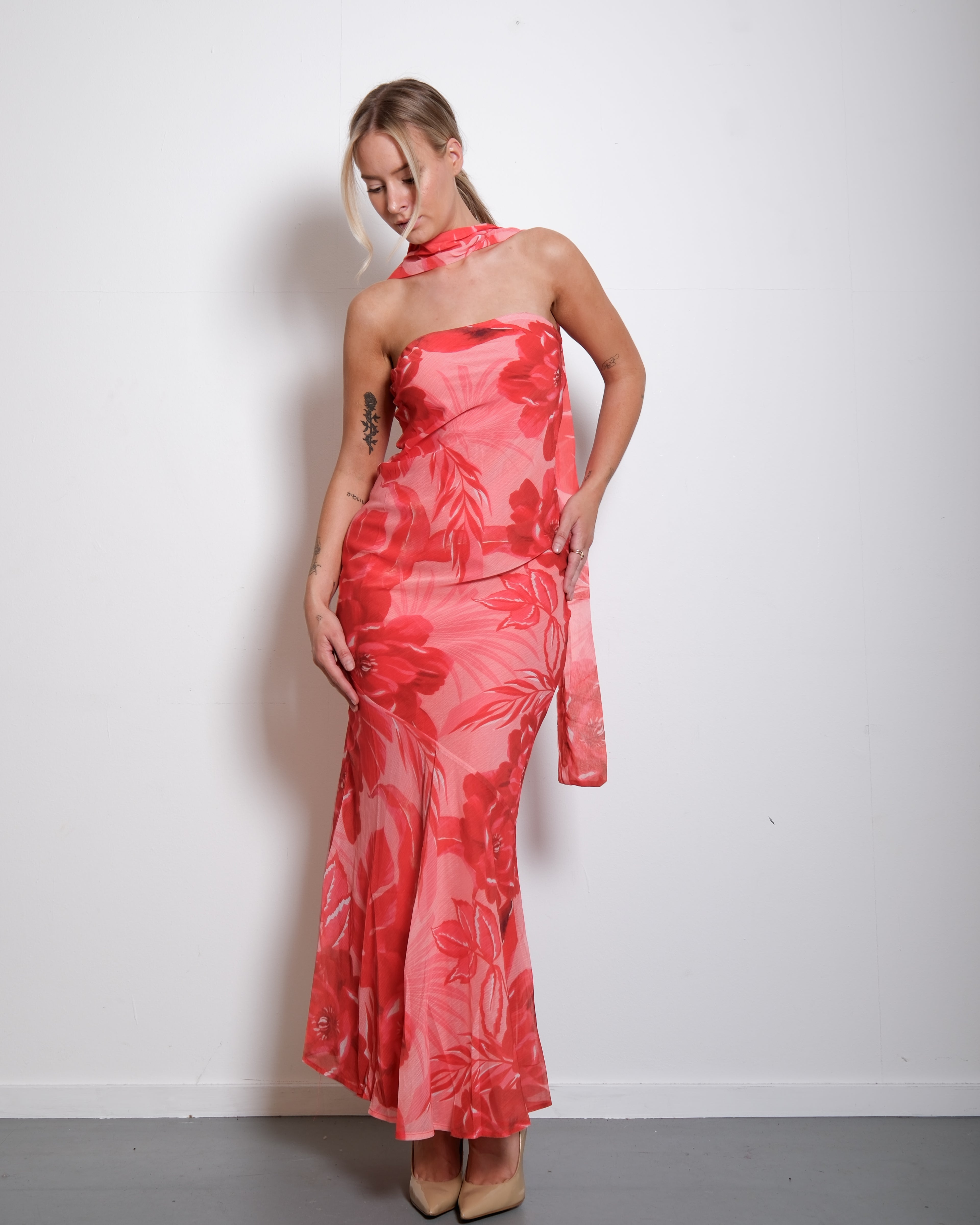 SEISHIKI STUDIO Floral Strapless Chiffon Dress with Scarf Orange