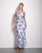 SEISHIKI STUDIO Floral Strapless Chiffon Dress with Scarf Blue