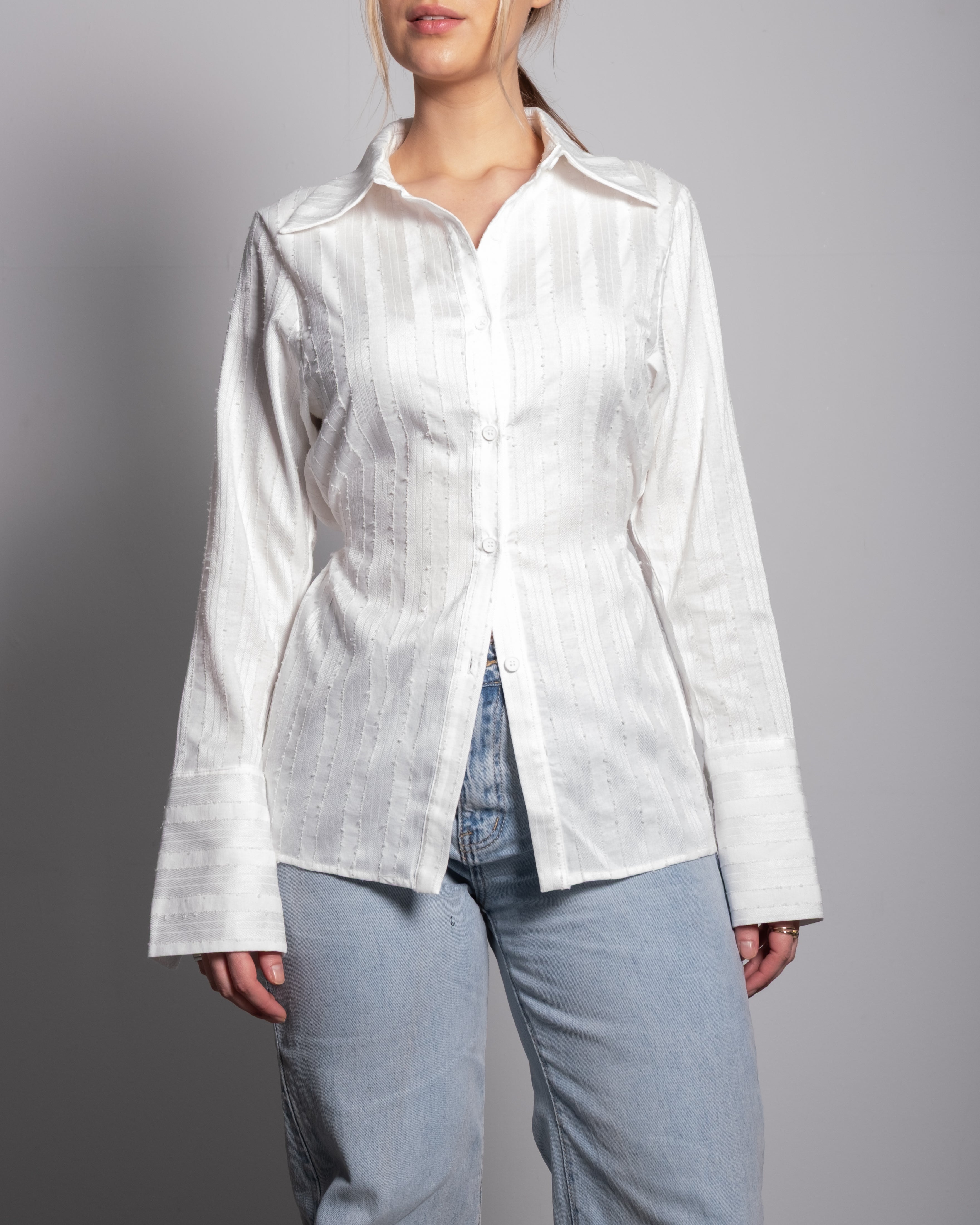 White striped waist sinch buttondown shirt