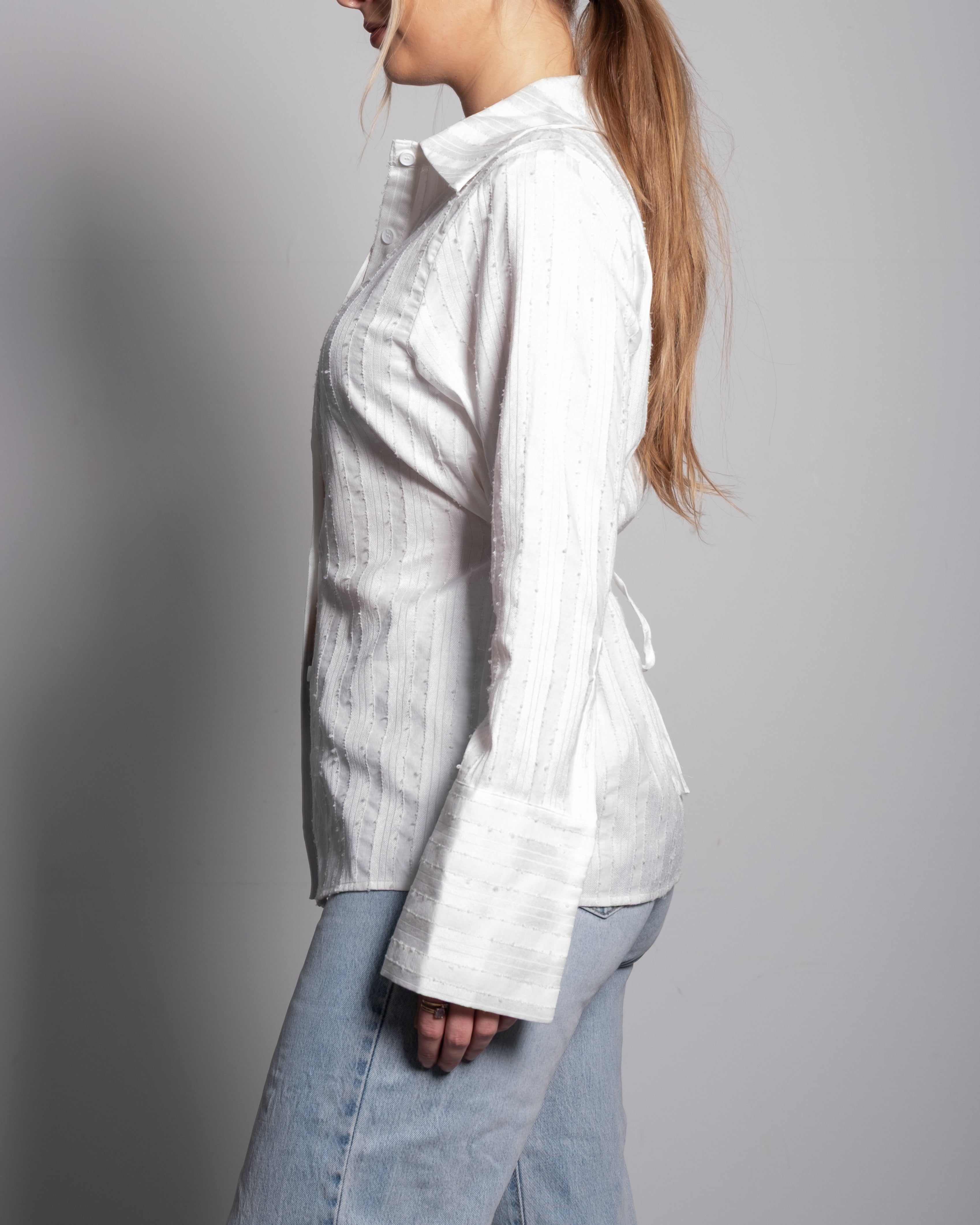 White striped waist sinch buttondown shirt