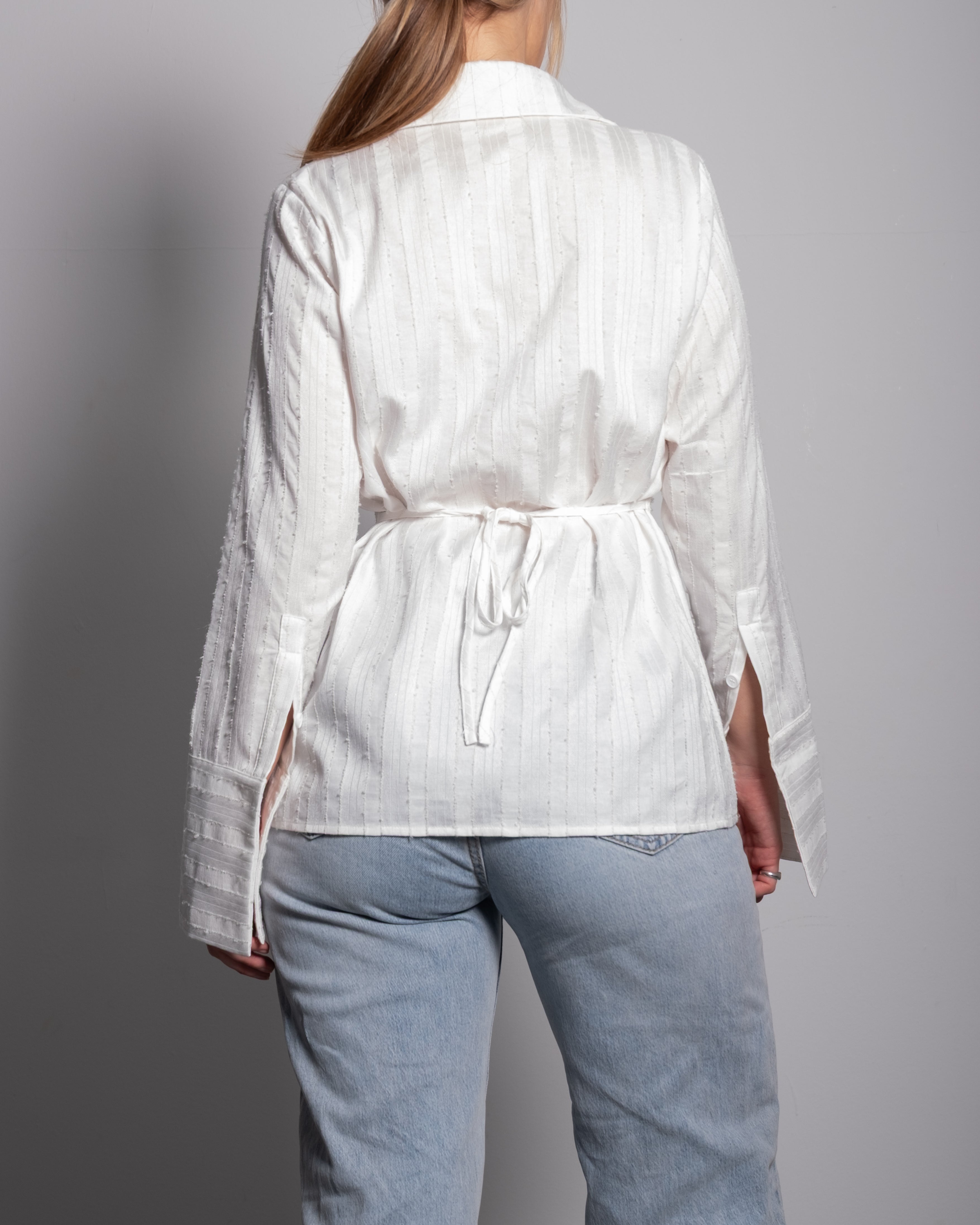 White striped waist sinch buttondown shirt