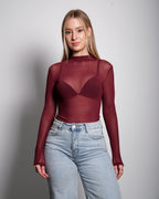 Langarm-Body aus transparentem Netzstoff in Burgunderrot
