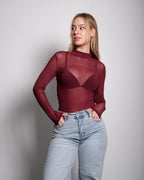 Langarm-Body aus transparentem Netzstoff in Burgunderrot