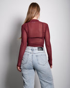 Langarm-Body aus transparentem Netzstoff in Burgunderrot