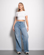 JEANS  À TAILLE MI-HAUTE, DÉNIM DÉLAVÉ MOYEN ET WIDE LEG JEANS  ENTREJAMBE 79 CM