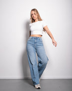 JEANS  À TAILLE MI-HAUTE, DÉNIM DÉLAVÉ MOYEN ET WIDE LEG JEANS  ENTREJAMBE 79 CM