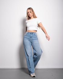 INSEAM 79CM - STRETCHY MID WAIST MEDIUM WASH WIDE LEG JEANS | SEISHIKI STUDIO