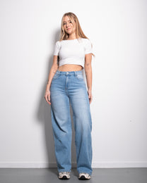 INSEAM 79CM - STRETCHY MID WAIST LIGHT WASH WIDE LEG JEANS  | SEISHIKI STUDIO