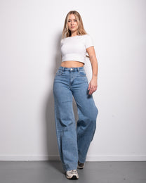 STRETCHY SOFT BRUSHED TEXTURED MEDIUM WASH WIDE LEG JEANS - INSEAM 79CM | SEISHIKI STUDIO