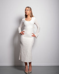 SEISHIKI STUDIO Lace Long Sleeve Midi Dress – Sculpting Fit &amp; Sheer Texture Cream
