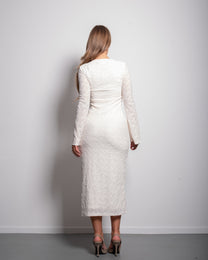 SEISHIKI STUDIO Lace Long Sleeve Midi Dress – Sculpting Fit &amp; Sheer Texture Cream