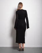 SEISHIKI STUDIO Midi-Kleid mit Spitzenbesatz und langen Ärmeln – figurbetonte Passform & transparente Textur, schwarz