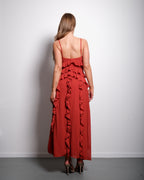 SEISHIKI STUDIO Maxikleid mit Rüschen – Lagenlook und fließende Silhouette, Rostrot